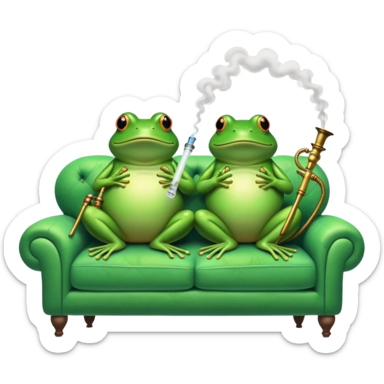 an image in the style of Studio Ghibli where two frogs are lying belly-up on a couch and smoking a hookah sticker