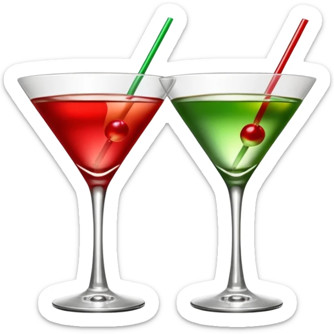 two realistic glasses of cocktail in emoji style, one is red color and one is green, martini glass shape, no straw, no fruit, no ice, no Cocktail sticks sticker