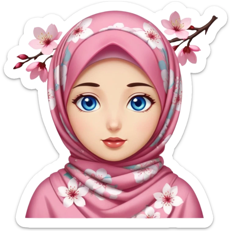 Turkish beautiful finish Konya girl blue eyes with cherry blossom floral hijab islamic dress and with yummy Drooling face sticker