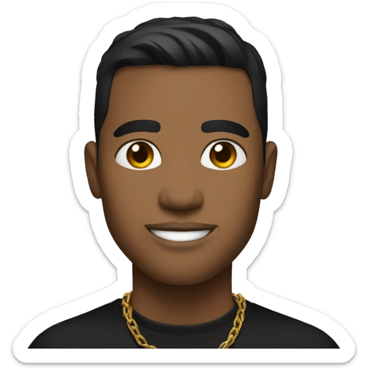 casual portrait of a light brown male in black shirt with gold chain and short black hair with a fade sticker