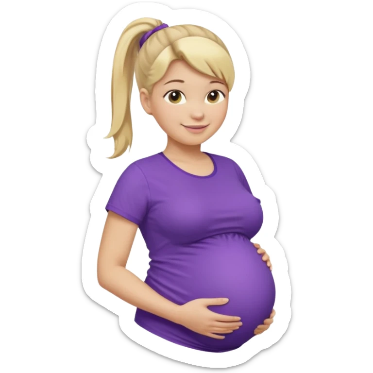 pregnant woman with purple shirt. Blond hair, light skin, pony tail. Only show abdomen neck and head. sticker
