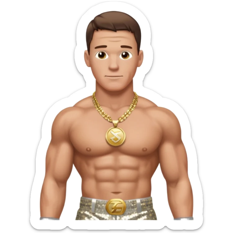 John Cena with silver sequin baggy pants, shirtless with necklace, brown hair sticker