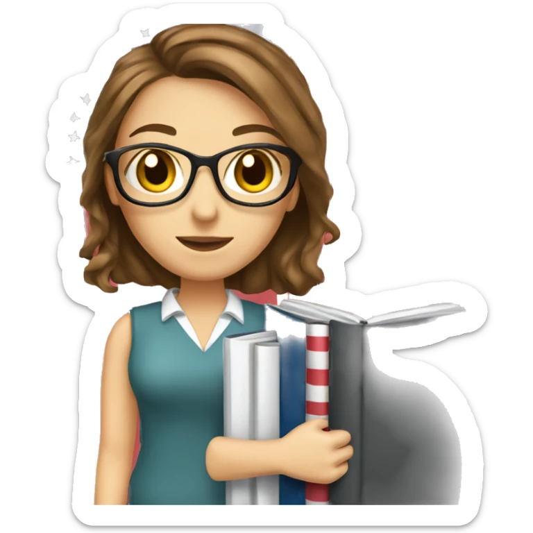 English teacher female with brown hair and brown eyes. with English and American book with usa flags sticker