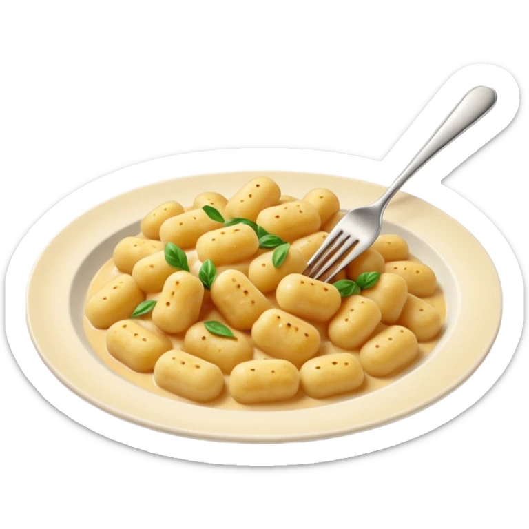 Gnocchi Cinematic Realistic Gnocchi Dish Emoji, depicted as tender oblong potato gnocchi garnished with iconic fork marks on top, rendered with soft textures and warm, inviting lighting. sticker