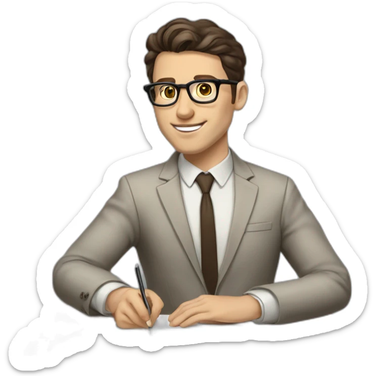 Pale skinned fit man with dark brown hair in gray jacket, beige office shirt, brown tie, brown pants and vintage glasses Writing on the tablet sticker