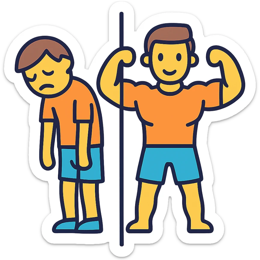 in the picture is devided in to two parts, at the first the sportsman is weak and lazy, but at the second picture the same sportsman is very strong because he doing a workout regularly sticker