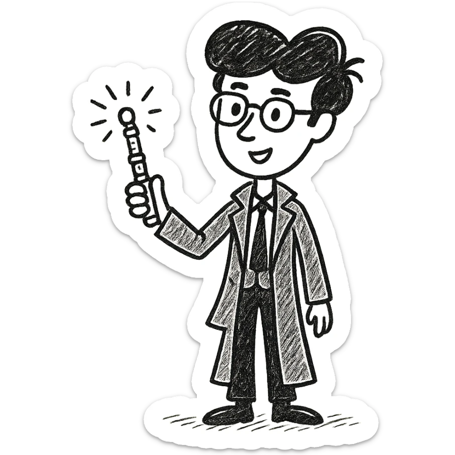 Add a sonic screwdriver to the Tenth Doctor in the style of a hand-drawn doodle illustration, keeping the original doodle style look and feel. sticker