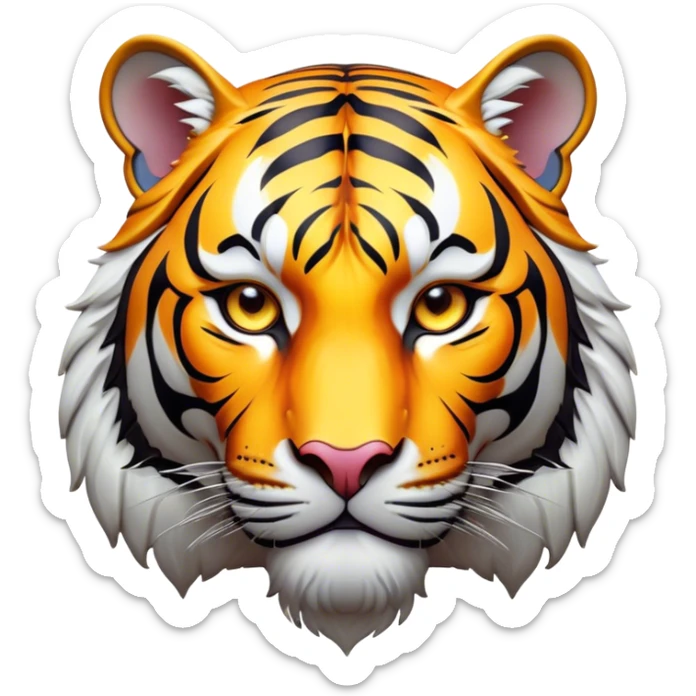 Cinematic Noble Tiger Portrait Emoji, Poised and regal, with a powerful, muscular build draped in striking, vivid stripes and intense, focused eyes, Simplified yet sharp and sophisticated features, highly detailed, glowing with a soft, wild luminescence, high shine, intelligent and majestic, stylized with an air of untamed authority, focused and commanding, soft glowing outline, capturing the essence of a watchful and confident jungle guardian that appears ready to pounce out of the screen with effortless authority! sticker