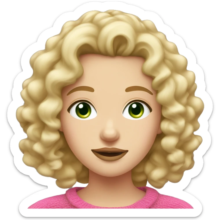 Caucasian brunette girl with curly hair and green eyes and a pink sweater blonde hair and big lips  sticker