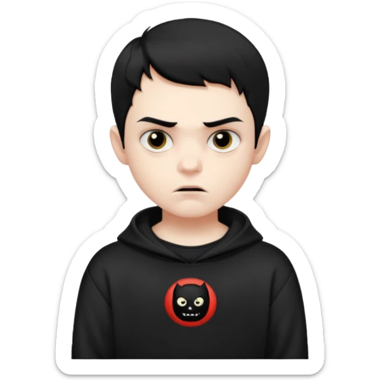 Vampire boy with the short black hair, pale-white skin, black eyes, little fangs and dark circles under his eyes. He has serious face and he wear a black oversize sweatshot sticker