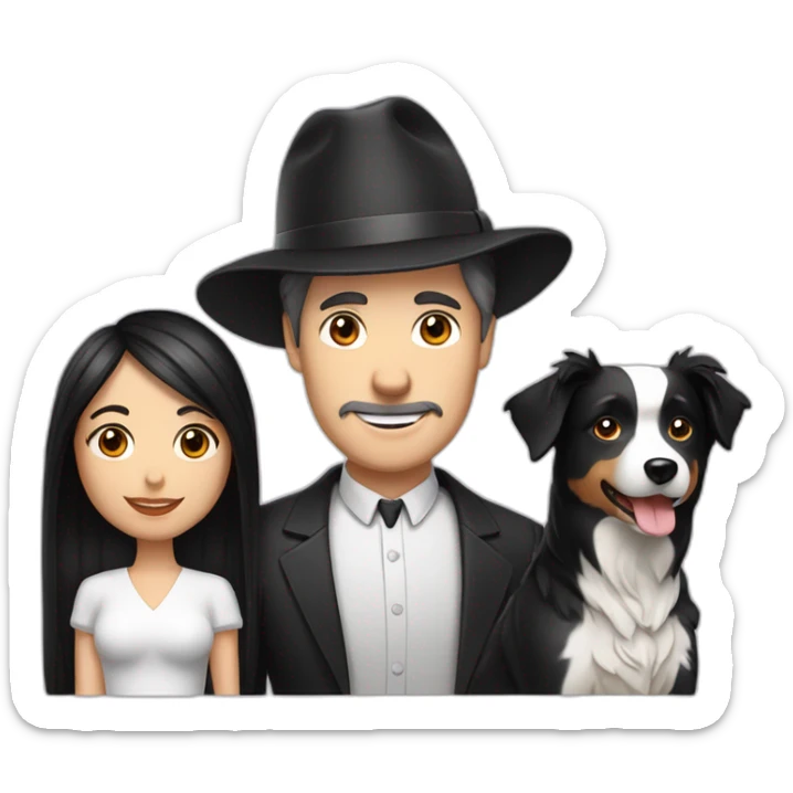 white family group consisting of man in hat and woman with black ponytail long hair and small black border collie dog sticker