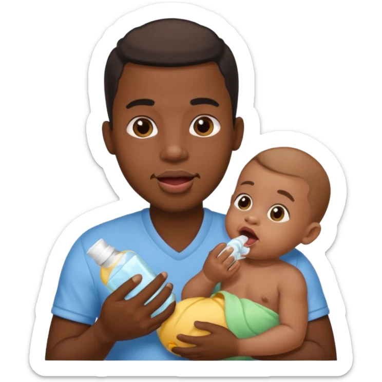 Black male licking his lips. He is holding a baby in one hand and baby oil in the other sticker