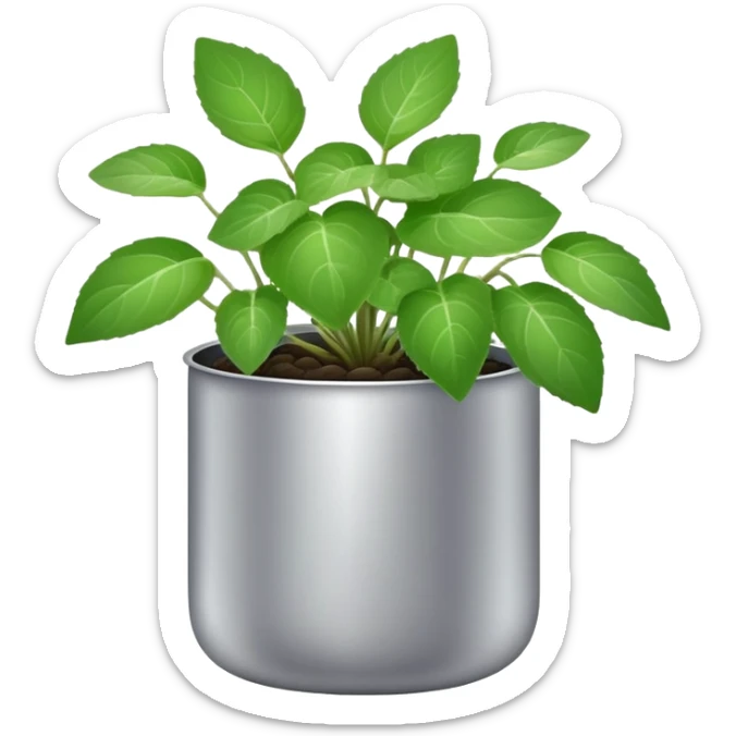 Young sprouts of Plectranthus Verticillatus with round circular leaves in a silver metallic pot sticker