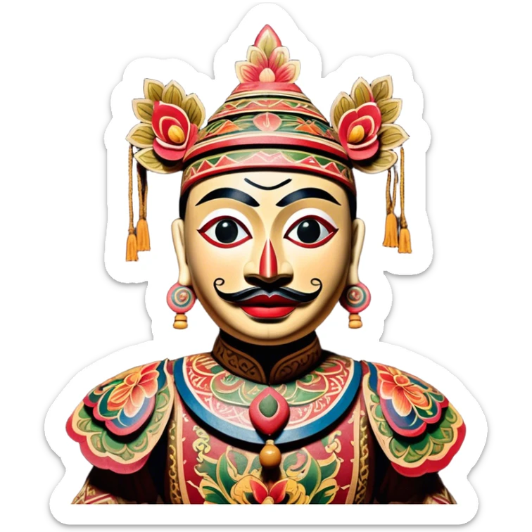 Golek Ayun-ayun – Cinematic Realistic Wayang Golek Ayun-ayun, depicted as an intricately carved traditional wooden puppet with vibrant painted details and expressive features, set on a dimly lit stage with dramatic shadows that evoke centuries of Indonesian theatrical heritage, rendered with lifelike textures and subtle ambient glow. sticker