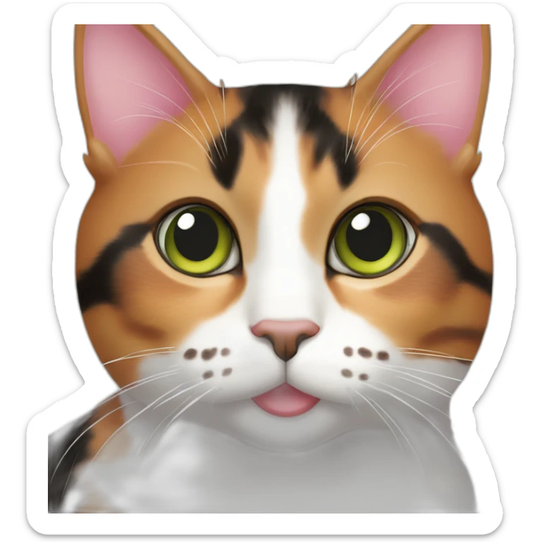 young striped calico cat face with a pink nose, white chin, green eyes, and orange/brown markings sticker