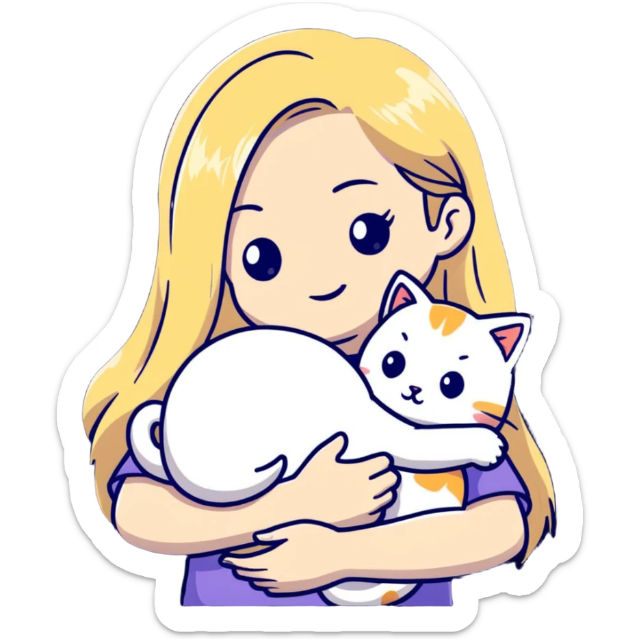 pretty woman with pale skin, very long blonde hair hugging a cat sticker