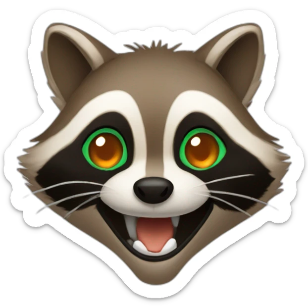 brown raccoon with orange eyes and a dark green hood that is laughing sticker
