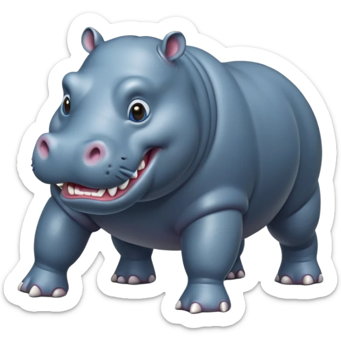 cinematic-hippo-realistic-full-body-side-view-standing-on-all-fours-emoji,-massive-round-frame,-wide-mouthed-grin-exposing-huge-teeth,-head-tilted-dramatically,-thick-greyish blue-hide-glossy, big cute eyes sticker