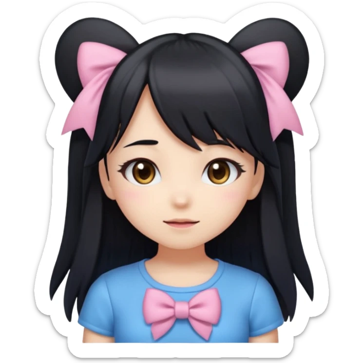 A kawaii-style emoji of a cute anime girl with long, straight black hair, with side bangs, big shiny brown eyes, and soft makeup. She has a small pink bow on her hair and is wearing a pastel blue top but with a Sonic the Hedgehog design printed on it (cute Sonic style). sticker