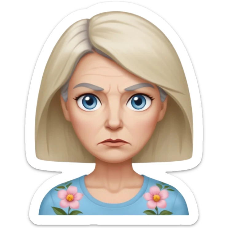 a woman in her 50s with square angry face and bambi light blue eyes and pale tan with rosacea, greyish shoulder length hair and slim face, grey thin eyebrows, thin lips and flower pattern tshirt  sticker
