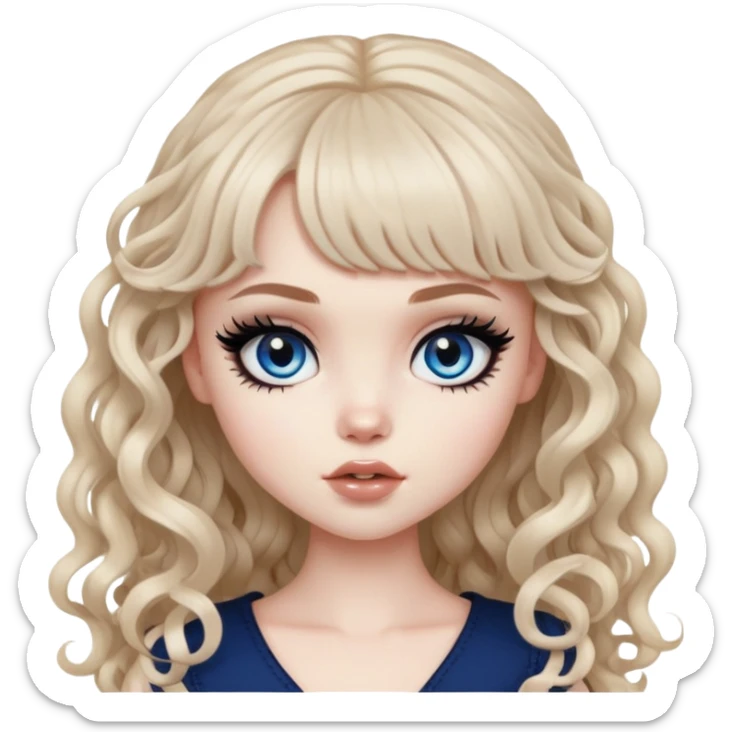 pale skin, bangs long curly brown hair, dark blue eyes, black eyeliner, pretty bratz baddie sticker