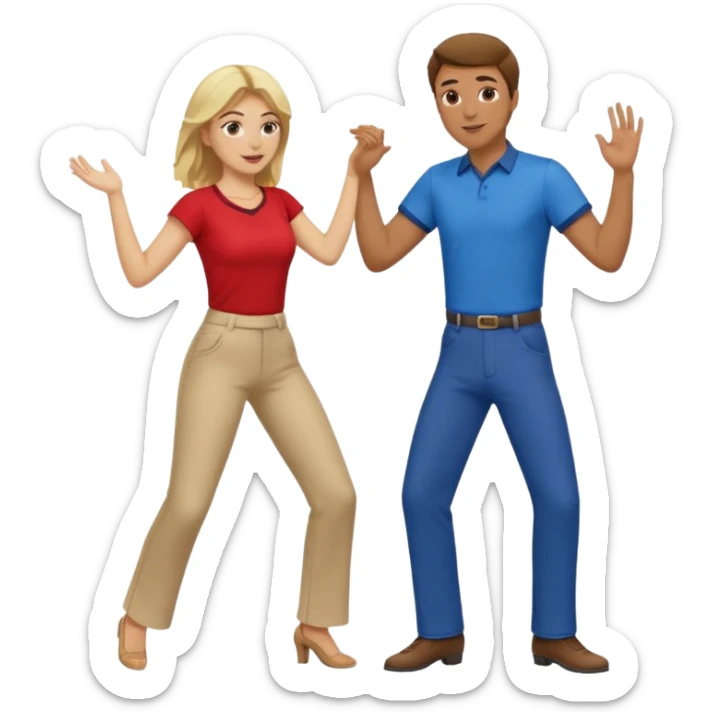 Two people dancing. Man in red shirt and pants with brown hair. Women in blue shirt and pants with blond hair. sticker