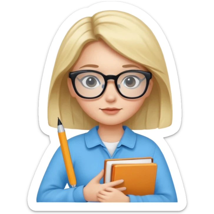 cute girl, glass, smart, Sky-blue colored clothing,
holding a book in one arm and a pen in the other hand.Holding a pen in the right hand as if teaching.Wearing black glasses, with a smart and bright-looking face. sticker