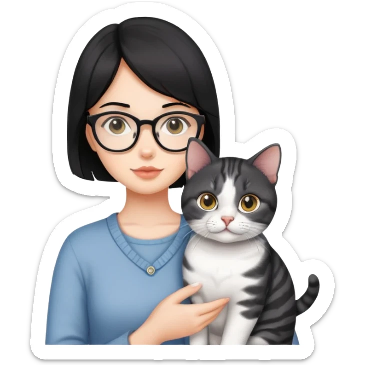 Black haired girl with eyeglasses holding a American shorthair cat sticker
