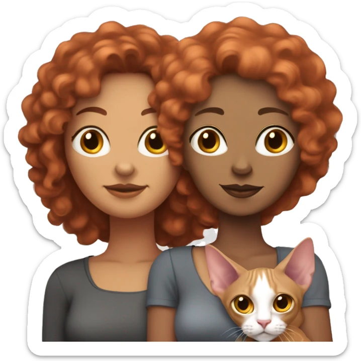 Two lesbians: one with curly red hair and the other with a dark, straight bob. They are holding two sphynx cats, one beige-pink and the other gray. sticker