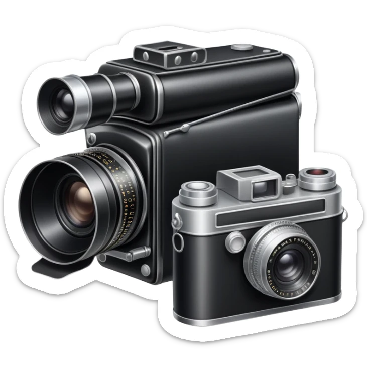 Vintage film camera with a traditional roll of 35mm film next to it sticker