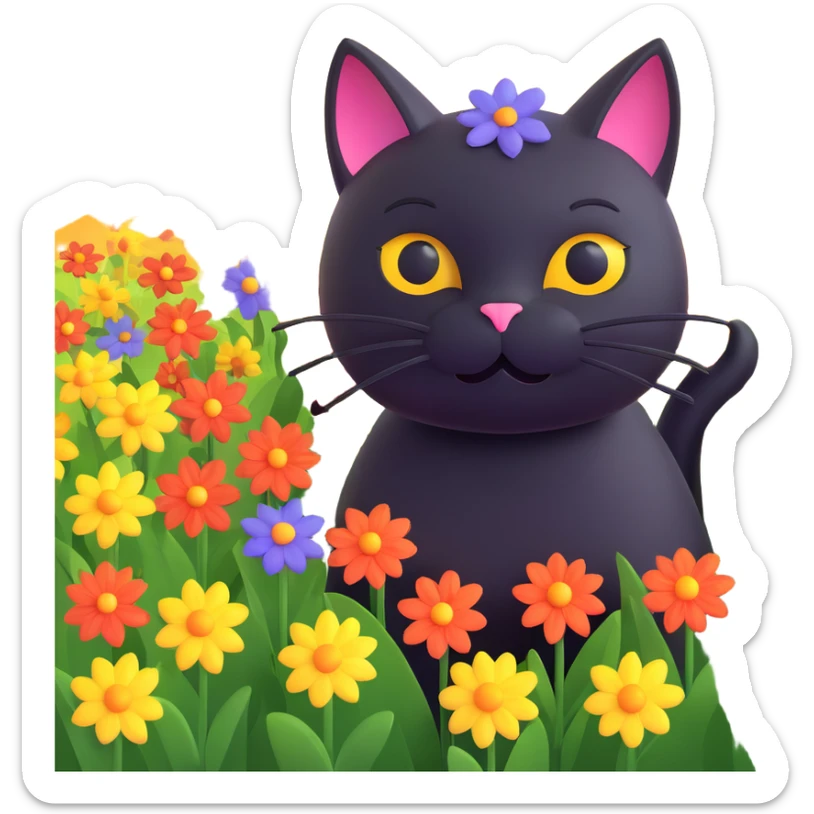 A black cat with a flower on its head in a field of flowers, dark colors sticker