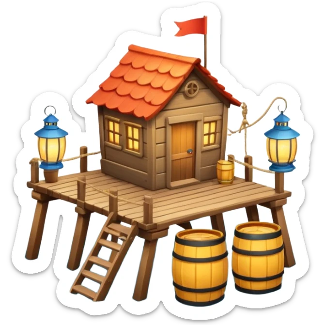 
fisherman house on a wooden pier, small dock, fishing nets hanging, barrels, lantern, ocean vibe, 3D cartoon, cute mobile game icon, clean background, no text
 sticker