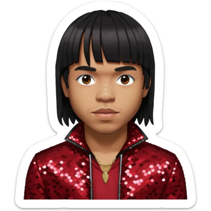 Anderson Paak with long platinum black hair with bang, dark red sequin outfit sticker