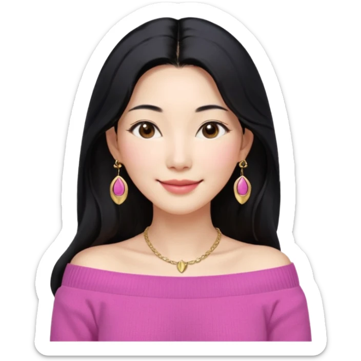South Korean girl in her mid-thirties with long black hair and a middle part. She is wearing a pink colored, off the shoulder long sleeve knit sweater. She has small gold earrings and a gold necklace. She has brown eyes with narrow, mono lid shape and smiling with lips together sticker