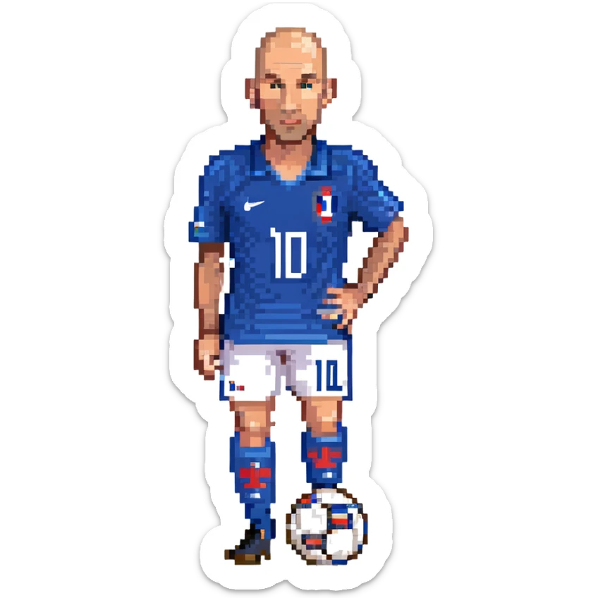 Zinedine Zidane, 1998, pixel art, blue France jersey, number 10, dribbling a soccer ball, minimal background sticker