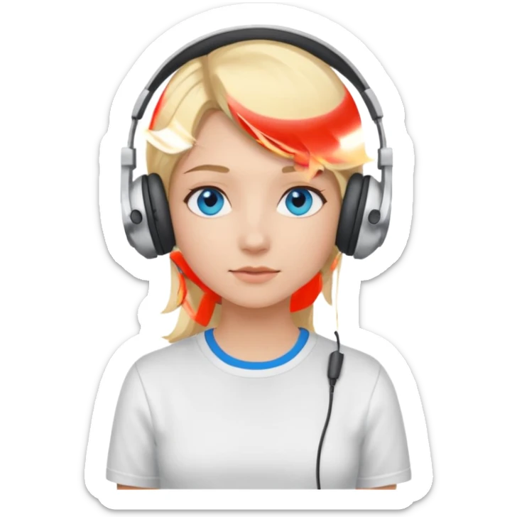 girl with blonde hair and blue eys, having on ears heaphones, with heands telling what, with white shirt sticker