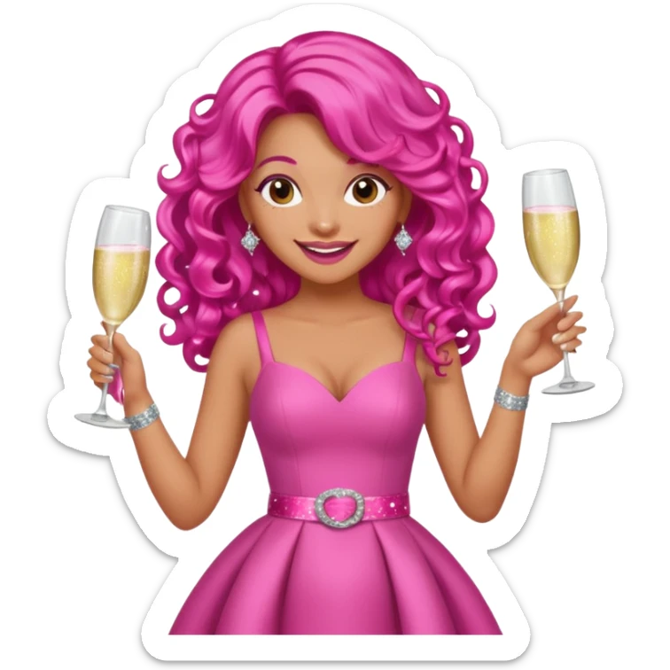 One lady with long hot pink curled hair and tan skin wearing a pink dress with sparkly belt holding a glass of pink champagne in each hand smiling cheerfully  sticker