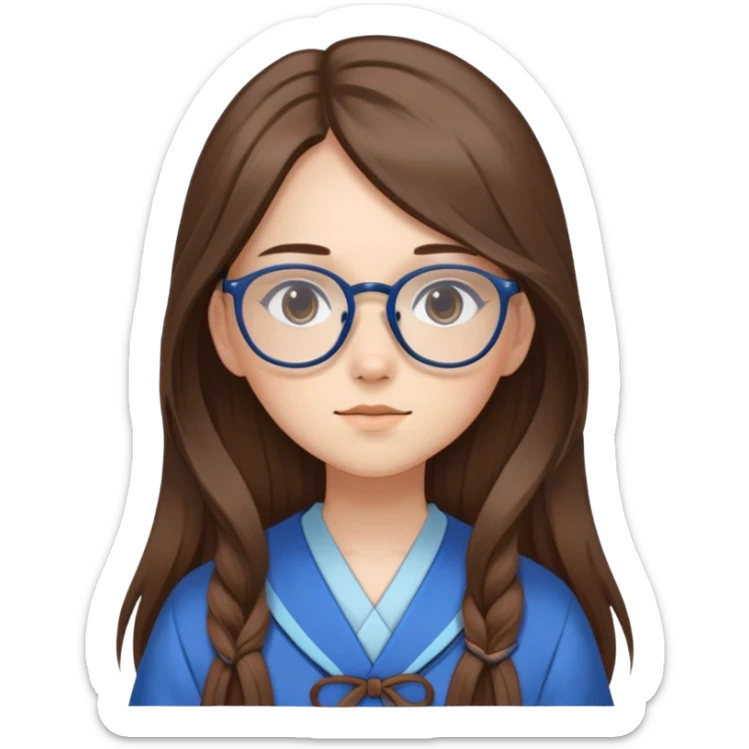 A girl with a blue and brown mori kei outfit, make her hair long and silky with the color brown. Also add glasses sticker