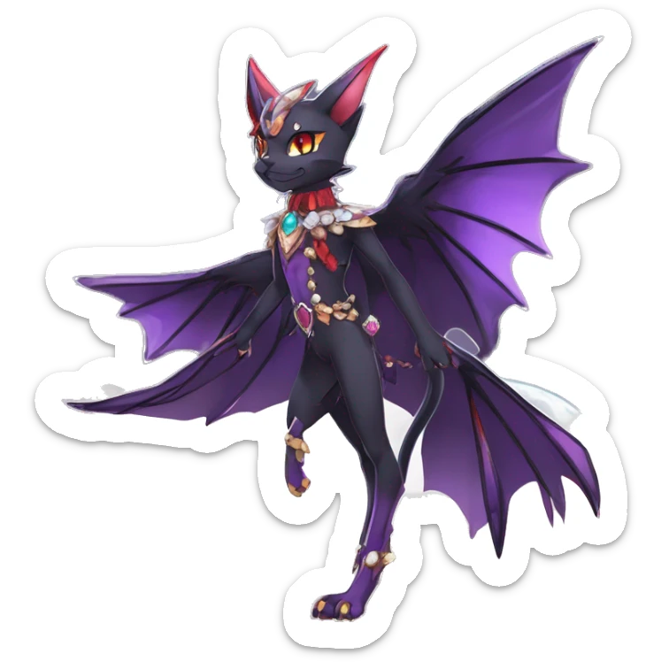 cool kawaii anime-cartoon edgy distinguished ethereal elegant beautiful fantasy black purple red ethereal fantasy nargacuga-Noivern-cat-Quiana-Fakemon collar harness moon gem jewels full body sticker