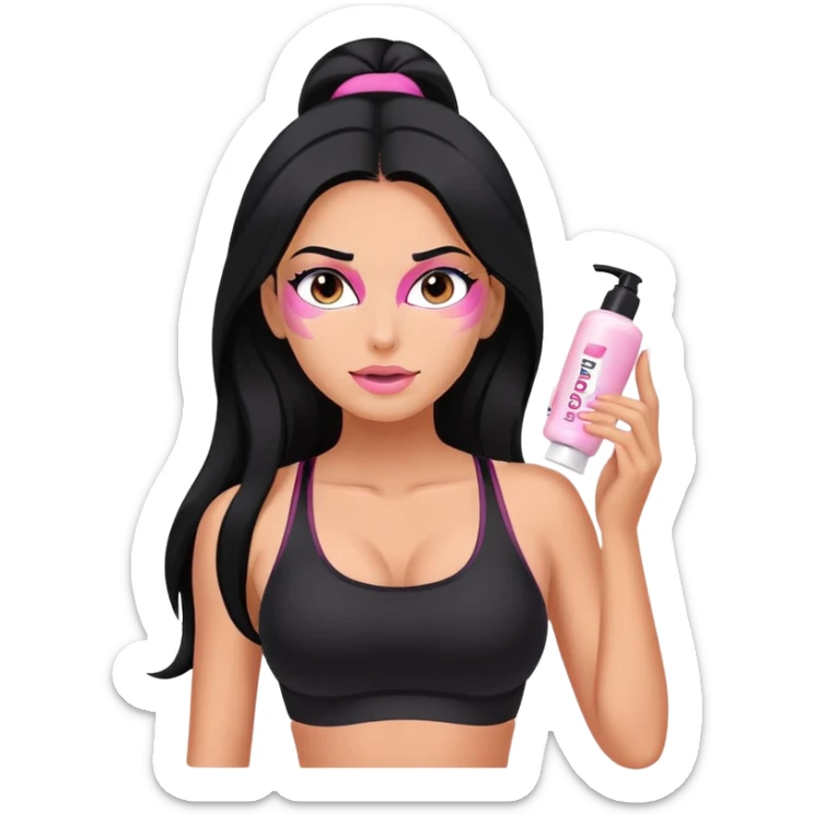 beauty routine, spa, pink face cream, long black hair tanned woman, black sports bra, sexy, hot  sticker