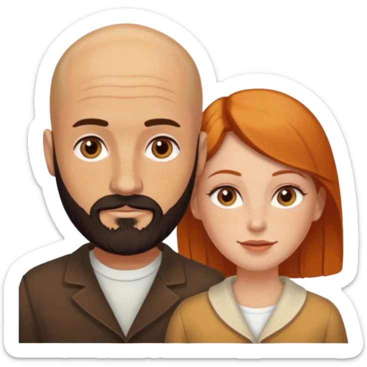 Couple. Bald man with dark brown-black beard. White woman with many small, faded freckles, she has white skin and she has auburn-yellow-brown-cinnamon, dark hair. She has light orange-brown eyes. The man have hazel eyes. Retro style. sticker