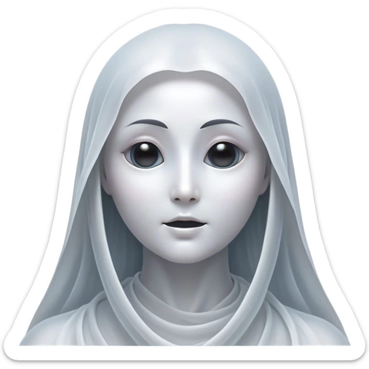 Cinematic Noble Ghost Portrait Emoji, Ethereal and dignified, with a flowing, translucent form in silvery-white hues, wispy and majestic, and a calm, otherworldly expression with deep, thoughtful eyes, simplified yet sophisticated features, highly detailed, glowing with a soft, spectral radiance, high shine, exuding regal mystery and quiet authority, with a soft glowing outline that captures the essence of a ghostly guardian drifting from another realm! sticker