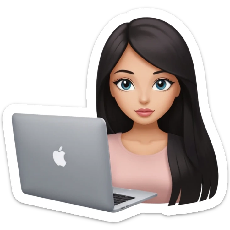 Glamours, tanned, very beautiful girl, with big pump peach-beige-rose lips, eyeliner, long long lashes, black straight smooth silky long hair, straight parting hair, blue-grey eyes with macbook sticker