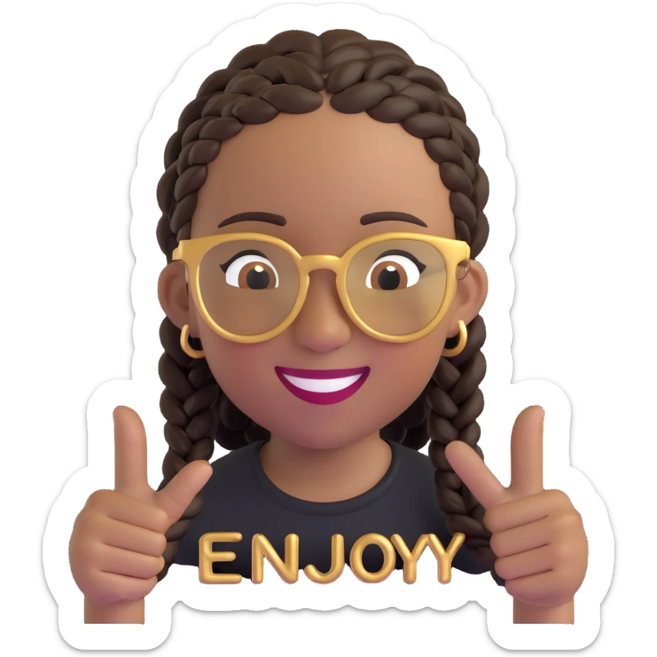 3D emoji of a person with braids, gold glasses, happy relaxed face, 'Enjoy' style sticker