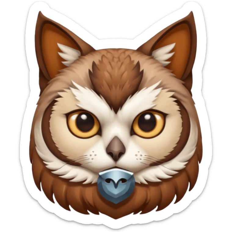 An cats head with a brown on top of the head of the cat the cats head infused with an white owls body with brown wings sticker