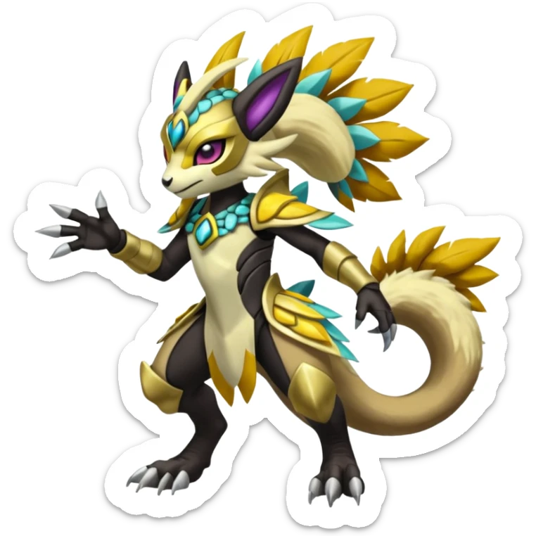 Colorful masked armored leathery scaly furry Meloetta-Manectric-Solgaleo-Raikou-Pokémon-Digimon-Fakémon-fusion-hybrid-creature sticker