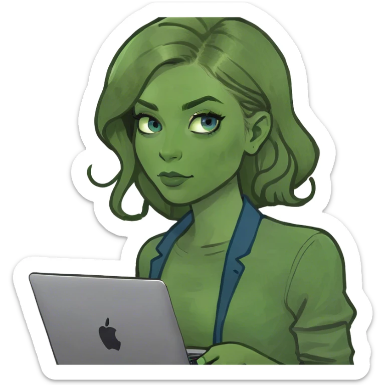 White skin girl with blue eyes, and dark blonde hair working with Mac  sticker