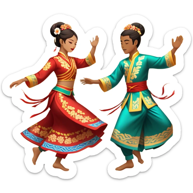 Cinematic Realistic scene of two performers executing a traditional Vietnamese folk dance, adorned in intricately patterned traditional costumes, captured in fluid motion with soft, culturally rich lighting sticker