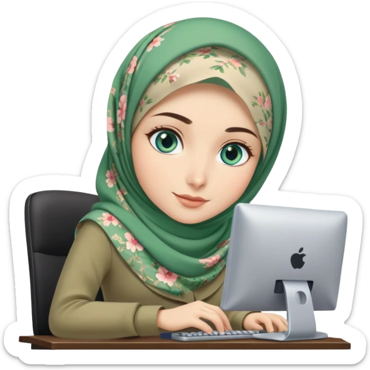 Turkish beautiful finish Konya girl blue eyes and green khaki floral hijab and dress and she work on office with computer sticker