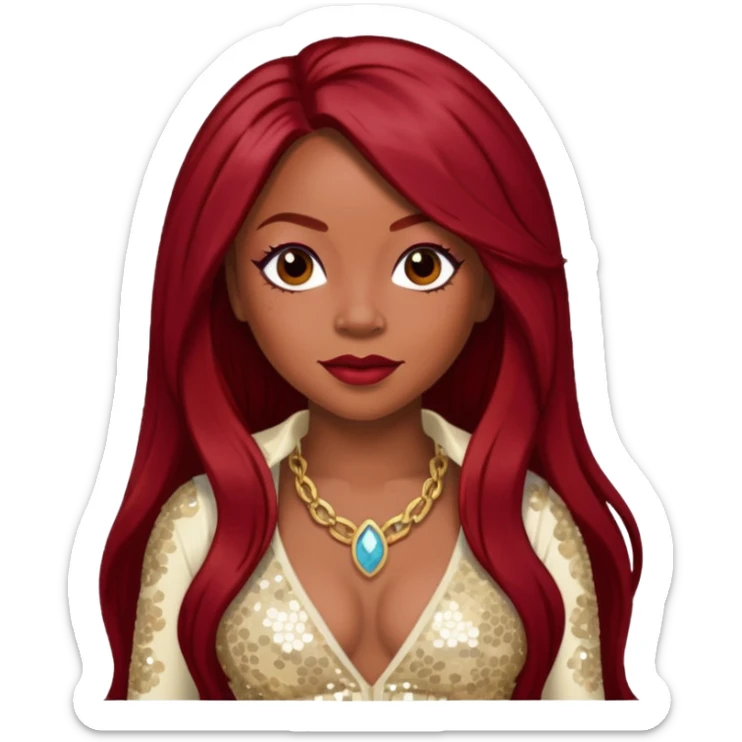 LaTavia Robeson from Destiny's Child with long dark red hair, ivory sequin outfit sticker